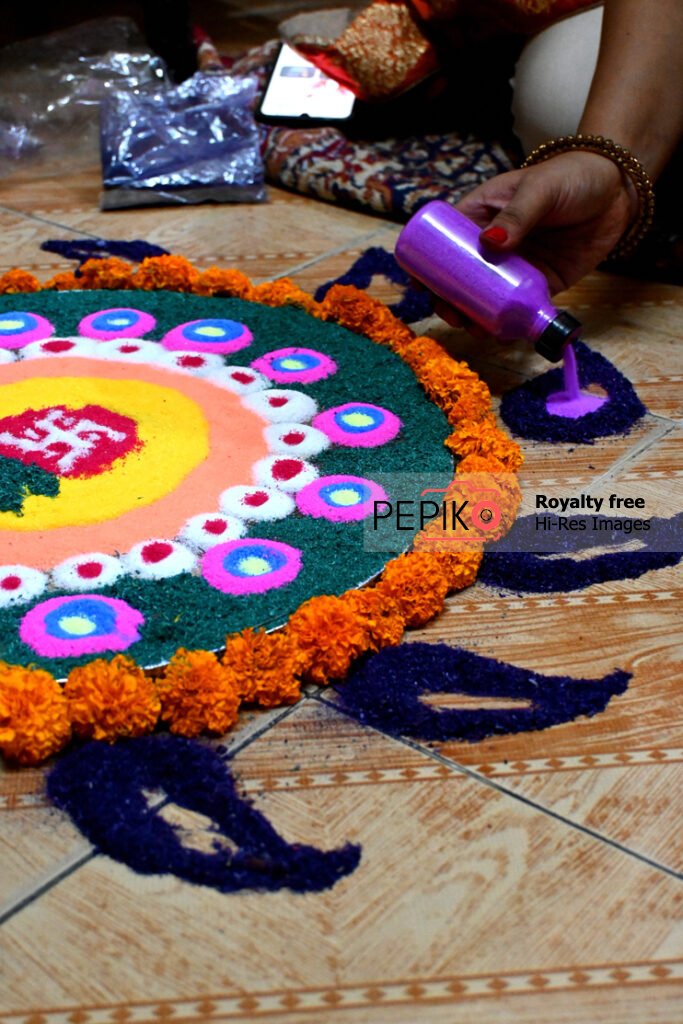 Beautiful rangoli prepared on festival with vibrant colours